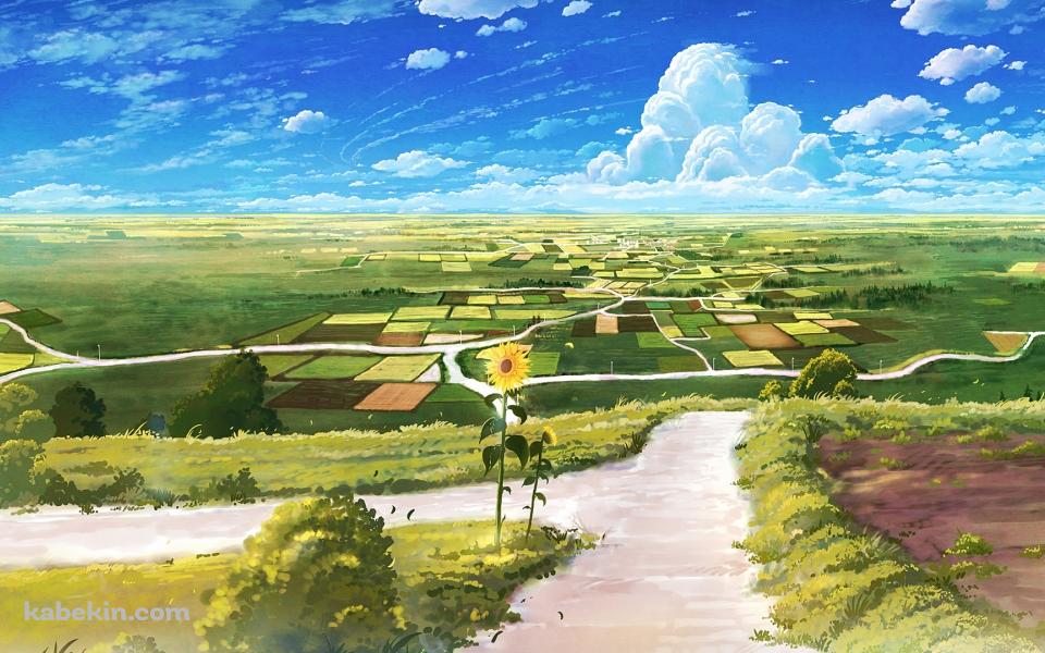向日葵咲く田舎のあぜ道の壁紙(960px x 600px) 高画質 PC・デスクトップ用