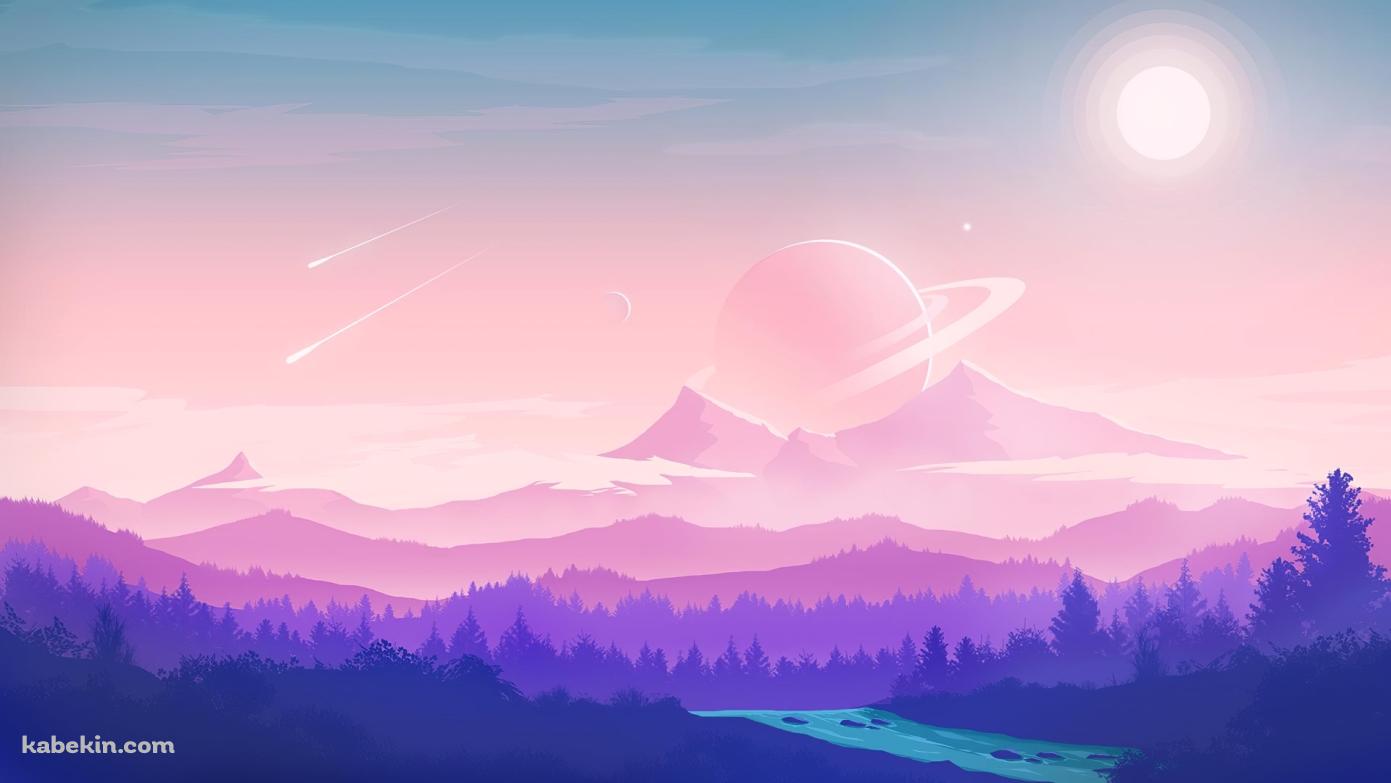 土星 彗星 太陽 淡い風景の壁紙(1391px x 783px) 高画質 PC・デスクトップ用