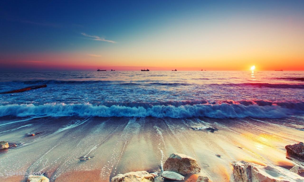 漁船 朝日 海 潮騒の壁紙(1280px x 768px) 高画質 PC・デスクトップ用