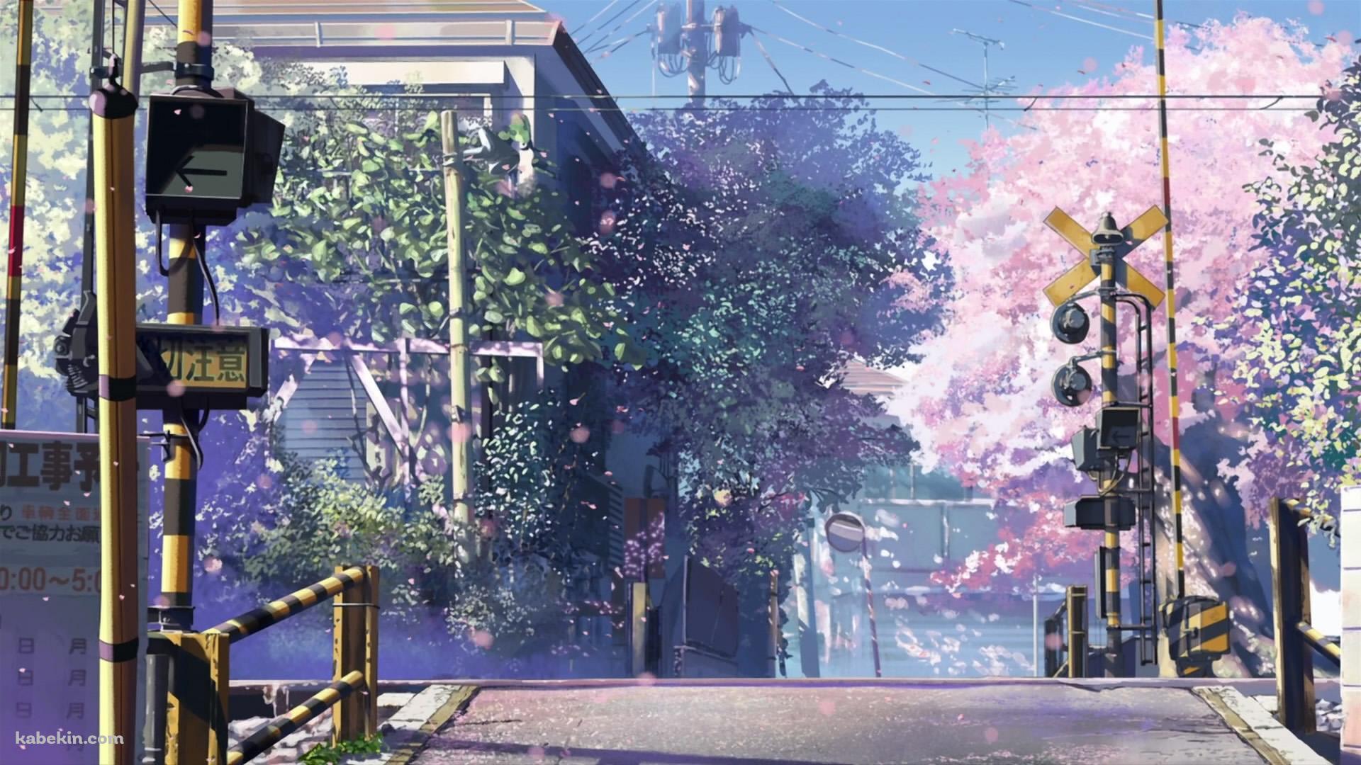 桜咲く踏切の壁紙(1920px x 1080px) 高画質 PC・デスクトップ用