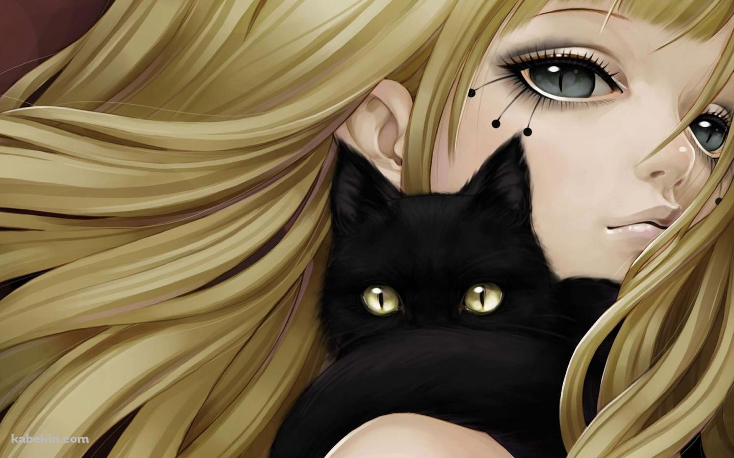 こちらを見つめる黒猫とブロンドの少女の壁紙(1440px x 900px) 高画質 PC・デスクトップ用