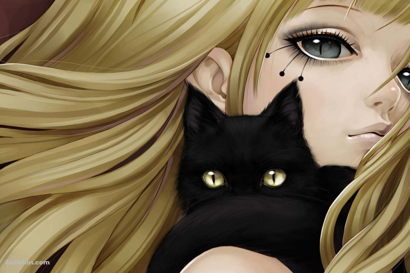 こちらを見つめる黒猫とブロンドの少女の壁紙(1440px x 960px) 高画質 PC・デスクトップ用