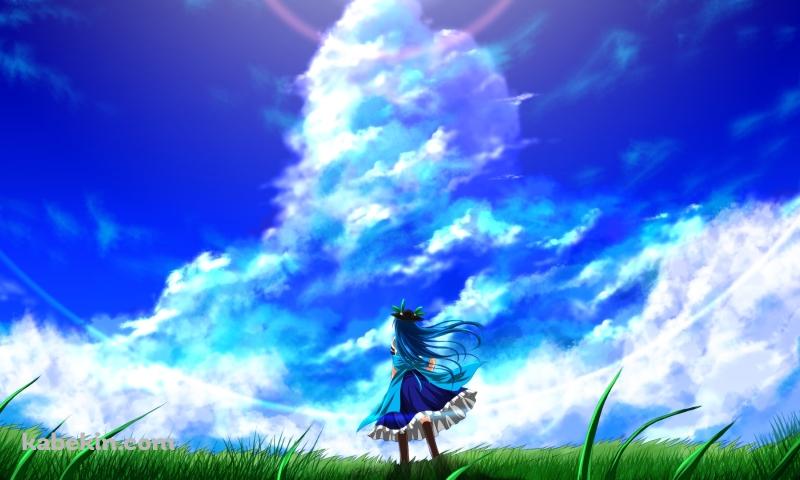夏空と青い髪の少女の壁紙(800px x 480px) 高画質 PC・デスクトップ用