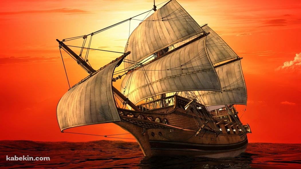 夕暮れ 航海 帆船の壁紙(1051px x 591px) 高画質 PC・デスクトップ用