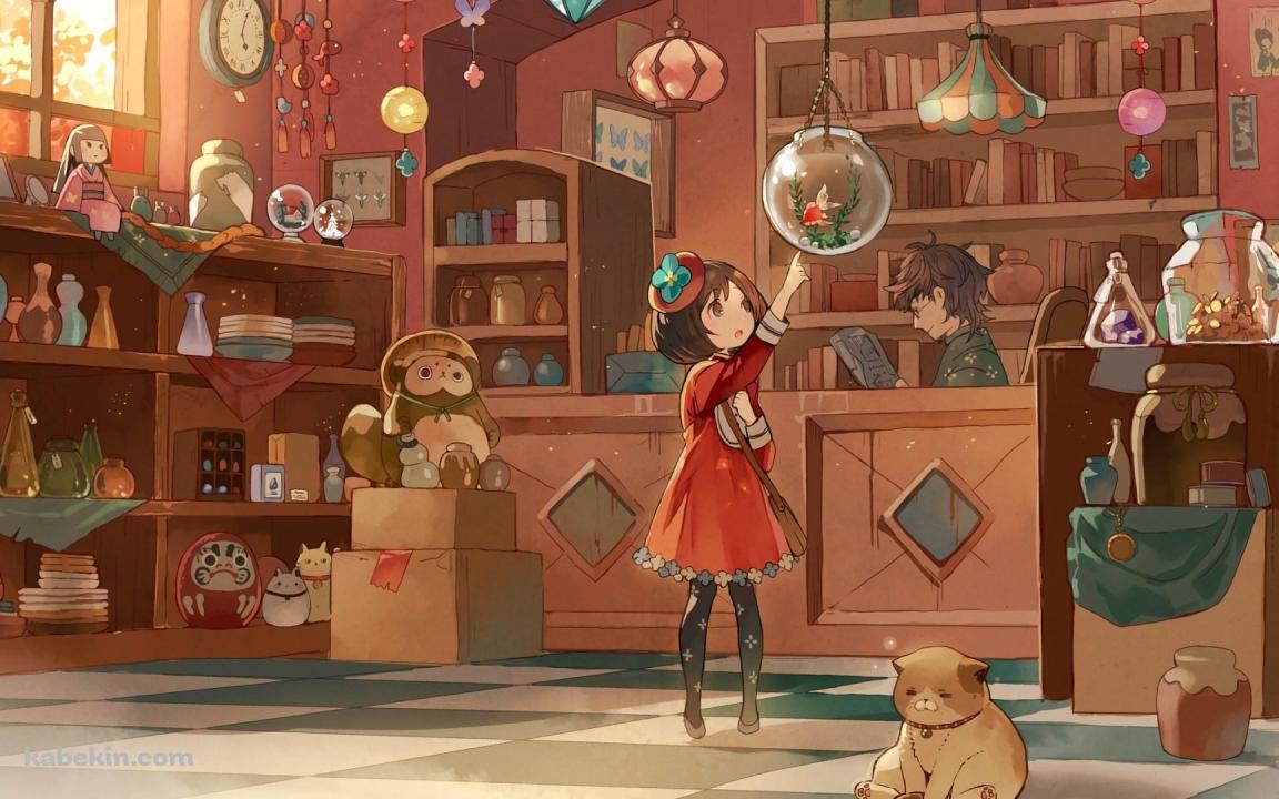 雑貨屋 金魚鉢 赤い洋服を着た女の子 店主 古物商の壁紙(1152px x 720px) 高画質 PC・デスクトップ用