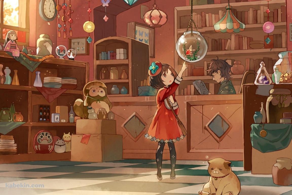 雑貨屋 金魚鉢 赤い洋服を着た女の子 店主 古物商の壁紙(1152px x 768px) 高画質 PC・デスクトップ用