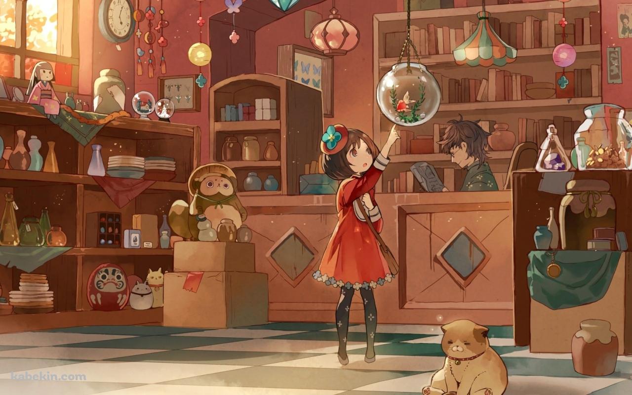 雑貨屋 金魚鉢 赤い洋服を着た女の子 店主 古物商の壁紙(1280px x 800px) 高画質 PC・デスクトップ用