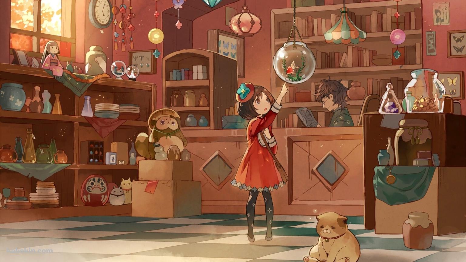 雑貨屋 金魚鉢 赤い洋服を着た女の子 店主 古物商の壁紙(1536px x 864px) 高画質 PC・デスクトップ用