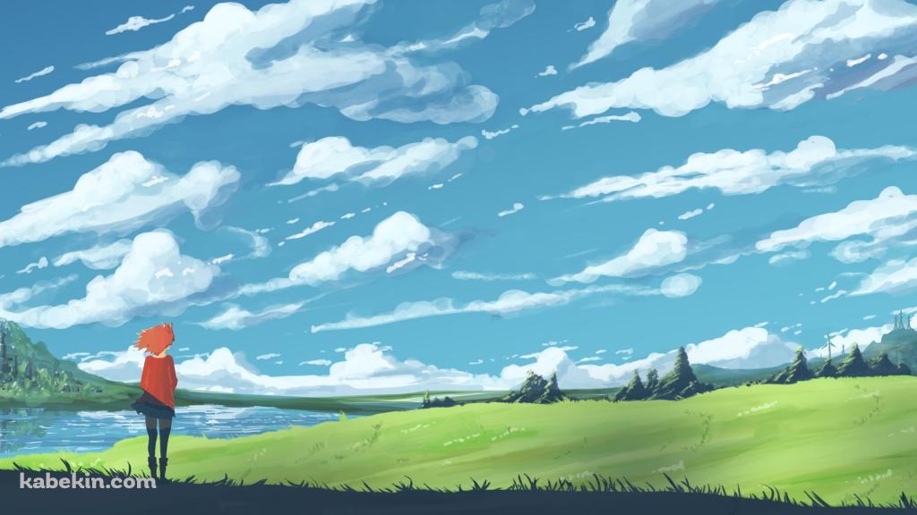 草原を眺める少女の壁紙(1024px x 576px) 高画質 PC・デスクトップ用