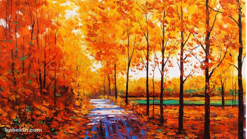 秋の並木道 油絵の壁紙(1024px x 576px) 高画質 PC・デスクトップ用