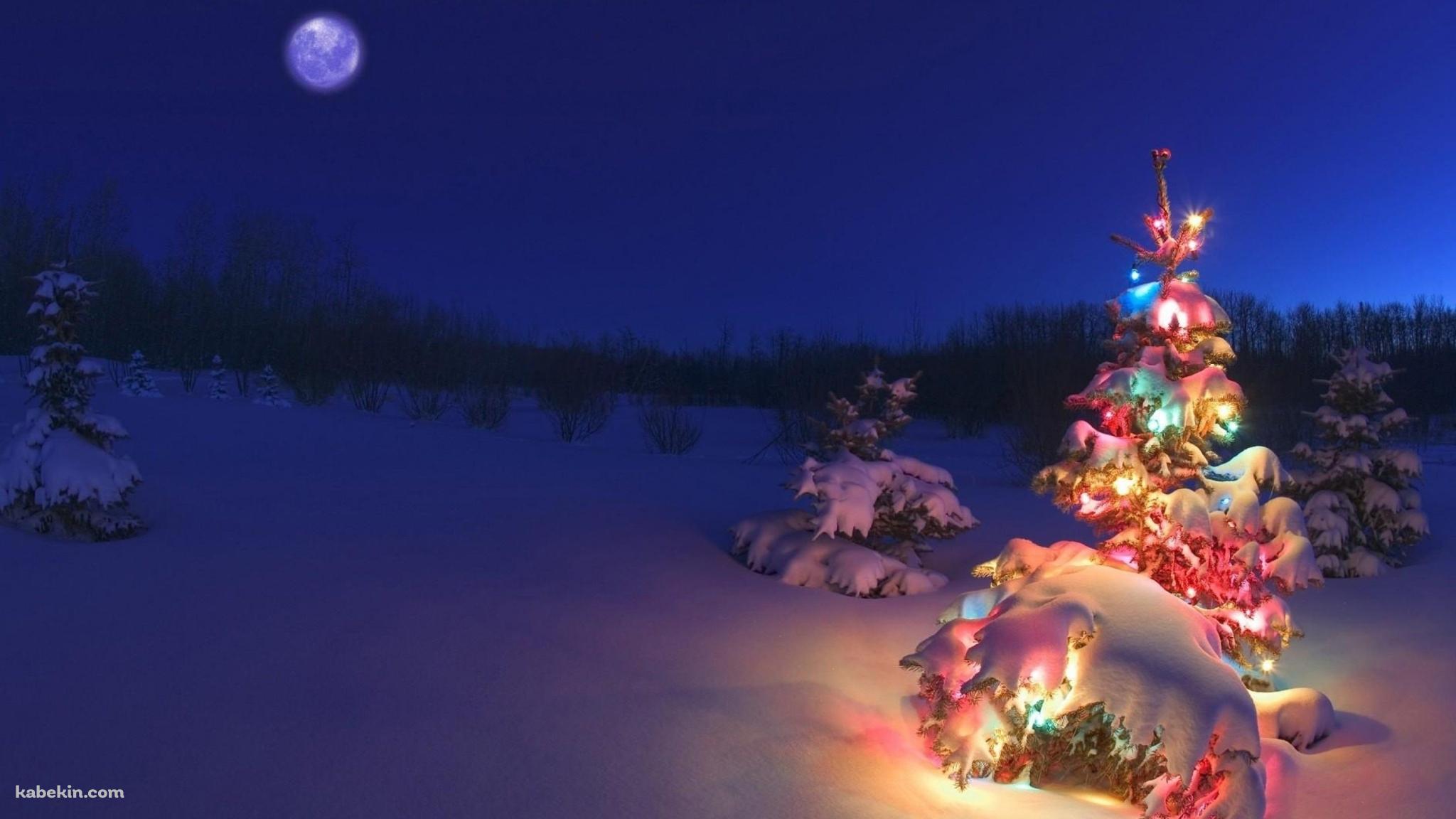 クリスマスツリーと満月の壁紙(2048px x 1152px) 高画質 PC・デスクトップ用