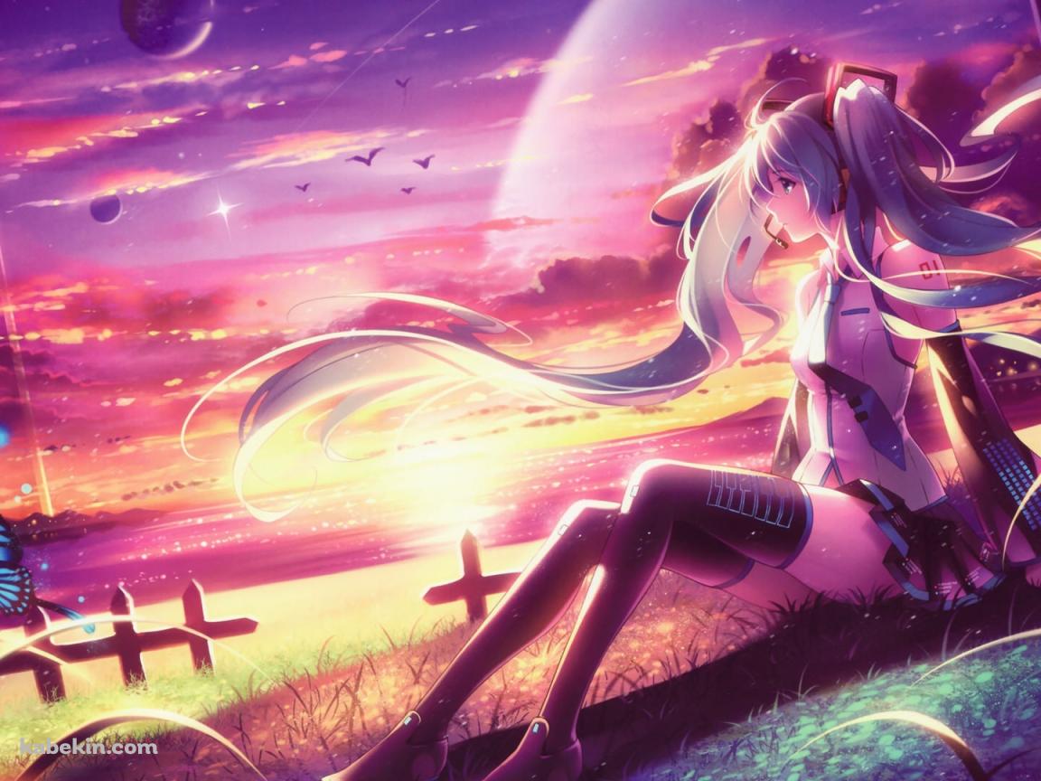 初音ミク 青い蝶 夕焼けの壁紙(1152px x 864px) 高画質 PC・デスクトップ用