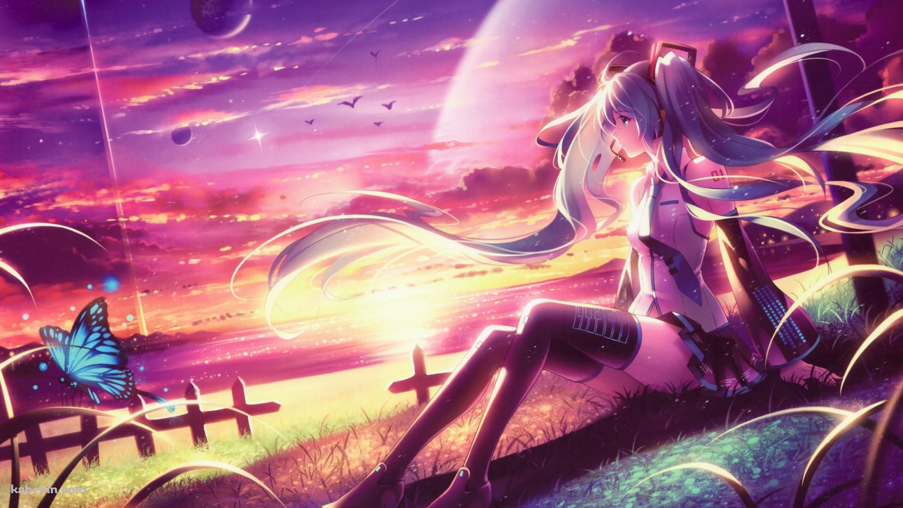 初音ミク 青い蝶 夕焼けの壁紙(1829px x 1029px) 高画質 PC・デスクトップ用