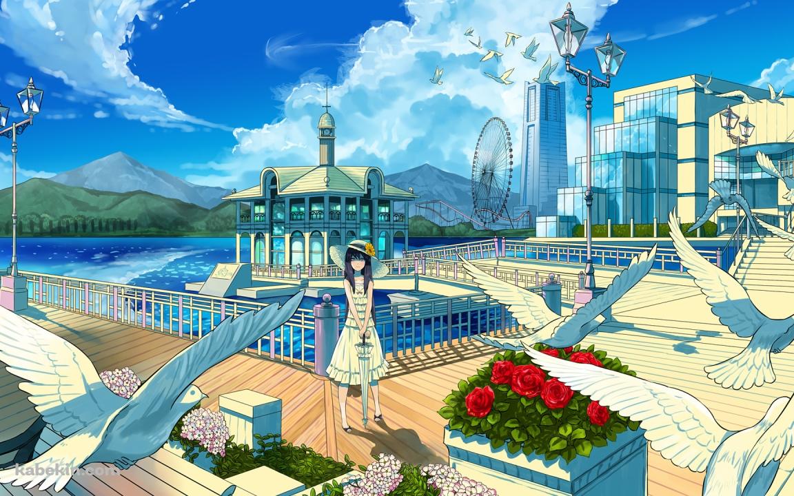 白い鳩が舞う波止場の壁紙(1152px x 720px) 高画質 PC・デスクトップ用