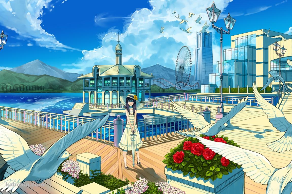白い鳩が舞う波止場の壁紙(1152px x 768px) 高画質 PC・デスクトップ用