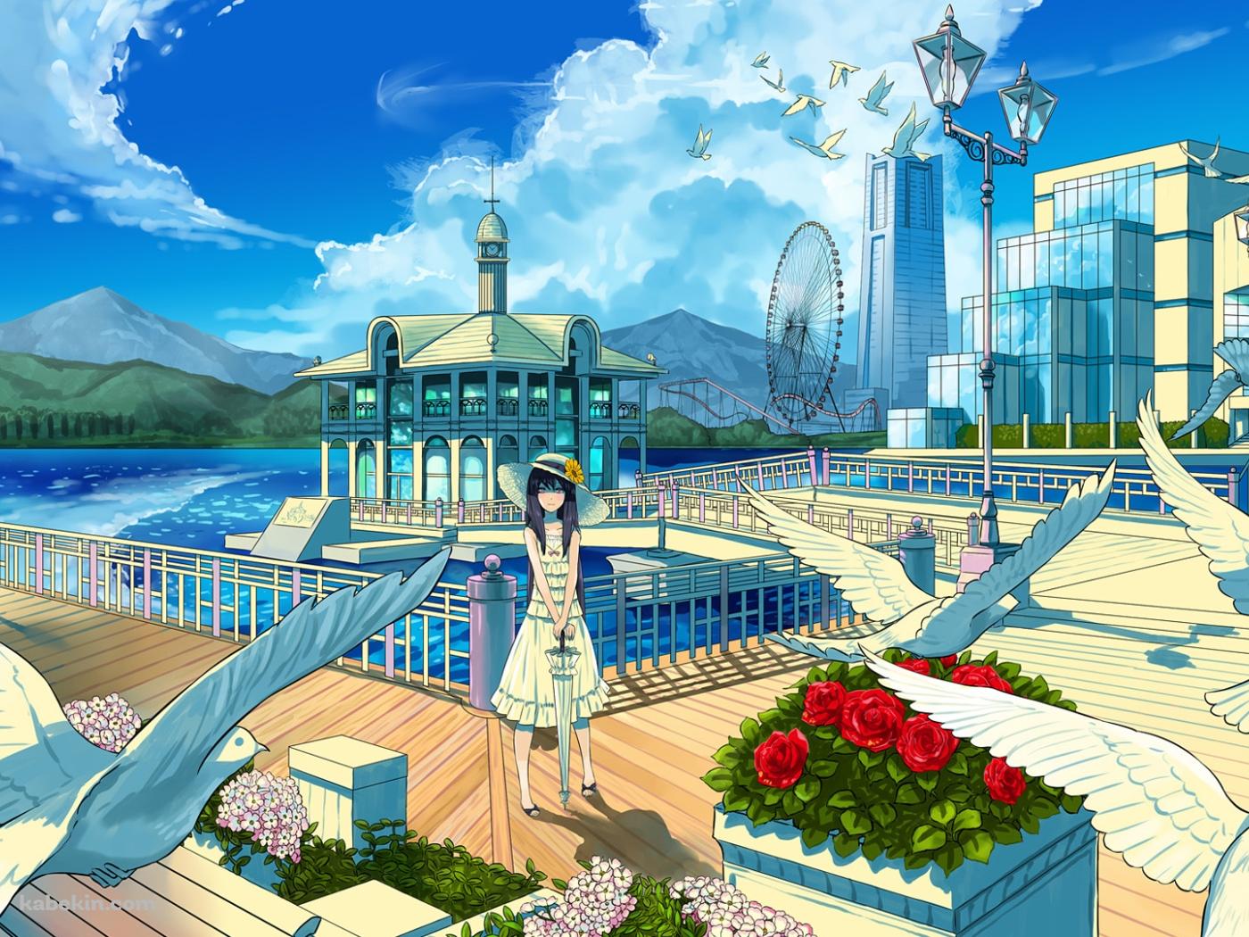 白い鳩が舞う波止場の壁紙(1400px x 1050px) 高画質 PC・デスクトップ用