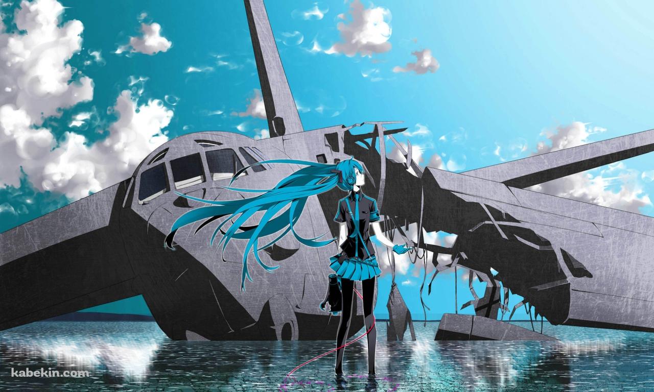 初音ミクと故障した飛行機の壁紙(1280px x 768px) 高画質 PC・デスクトップ用