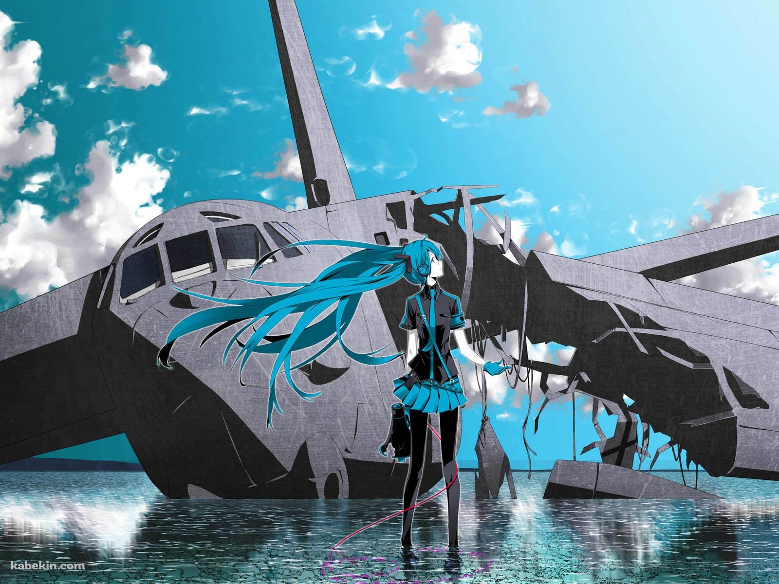 初音ミクと故障した飛行機の壁紙(1600px x 1200px) 高画質 PC・デスクトップ用