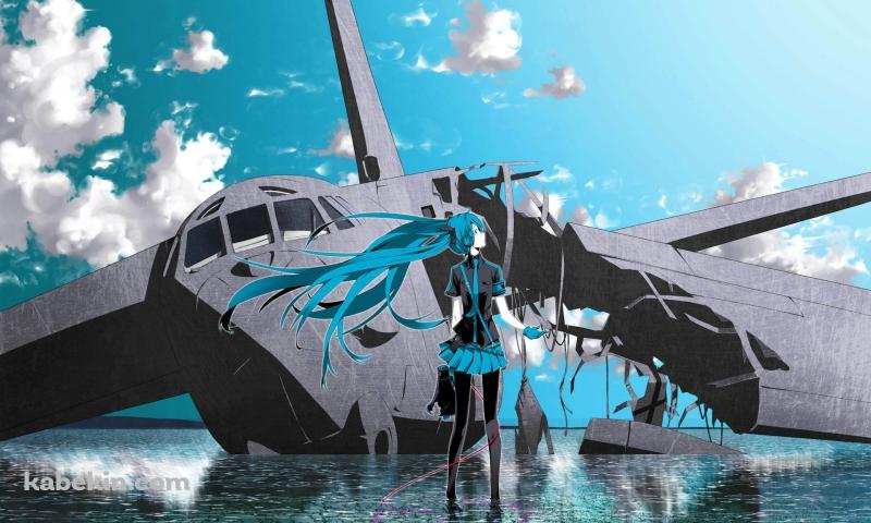 初音ミクと故障した飛行機の壁紙(800px x 480px) 高画質 PC・デスクトップ用