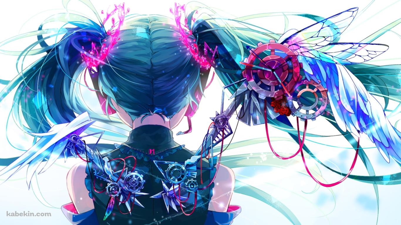 ボカロ 初音ミク 後ろ姿 背中の壁紙(1366px x 768px) 高画質 PC・デスクトップ用