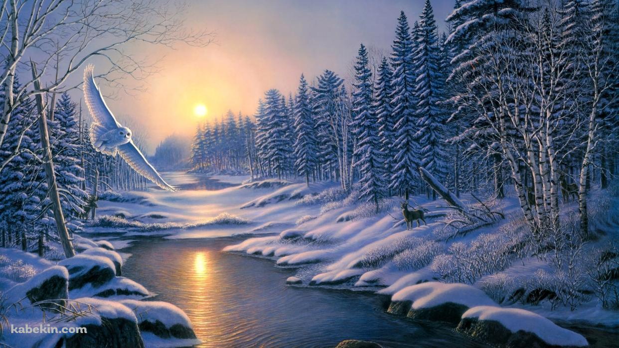 白い景色 白いフクロウ 鹿の壁紙(1242px x 698px) 高画質 PC・デスクトップ用