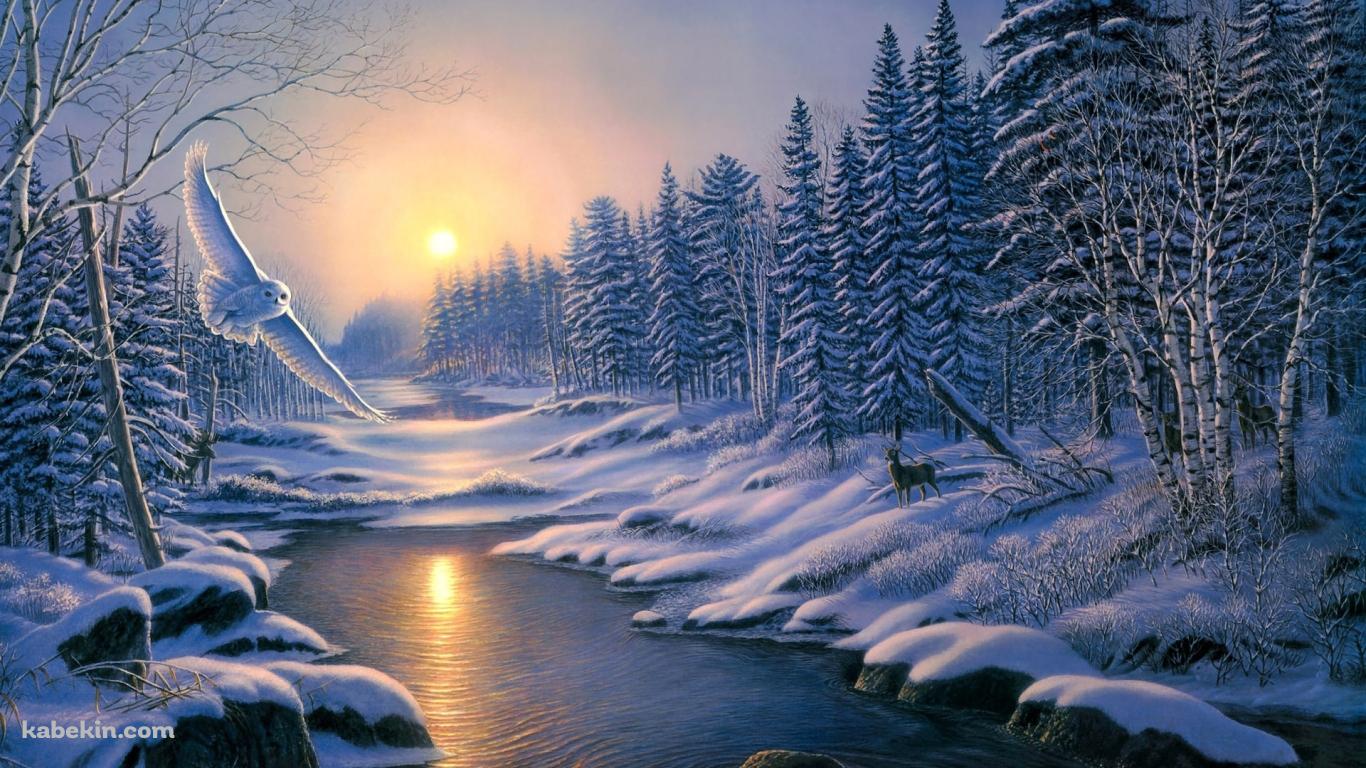 白い景色 白いフクロウ 鹿の壁紙(1366px x 768px) 高画質 PC・デスクトップ用