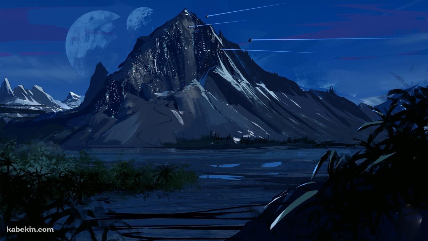 宇宙船 夜 山 夜景 月の壁紙(1391px x 783px) 高画質 PC・デスクトップ用