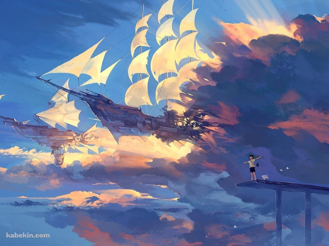 空飛ぶ船と少年の壁紙(1152px x 864px) 高画質 PC・デスクトップ用