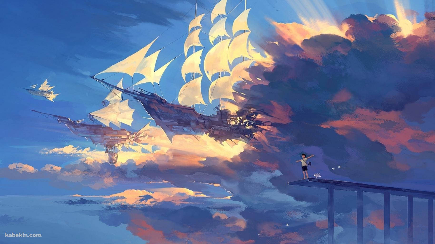 空飛ぶ船と少年の壁紙(1829px x 1029px) 高画質 PC・デスクトップ用