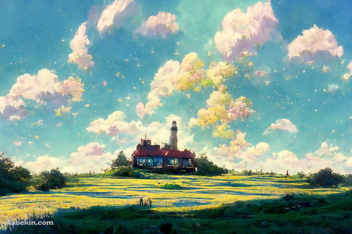 夏の牧草地 白い雲 夏空 綺麗 AI Midjourneyで作った壁紙の壁紙(1152px x 768px) 高画質 PC・デスクトップ用
