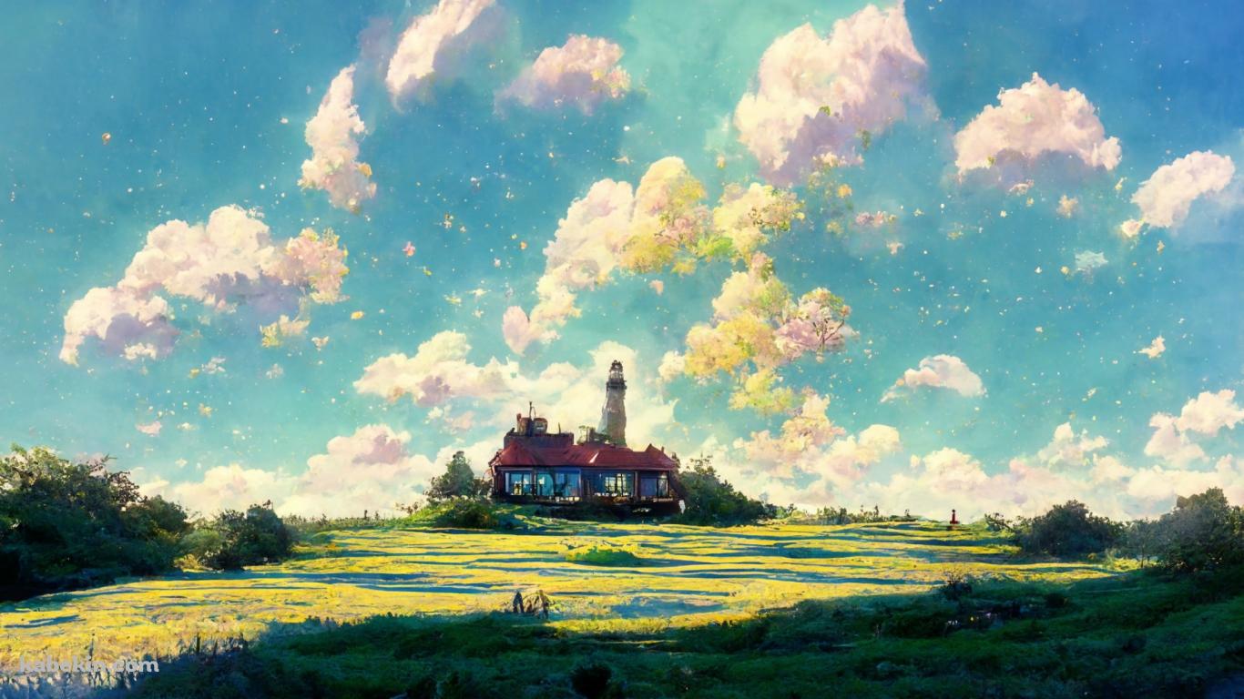 夏の牧草地 白い雲 夏空 綺麗 AI Midjourneyで作った壁紙の壁紙(1366px x 768px) 高画質 PC・デスクトップ用