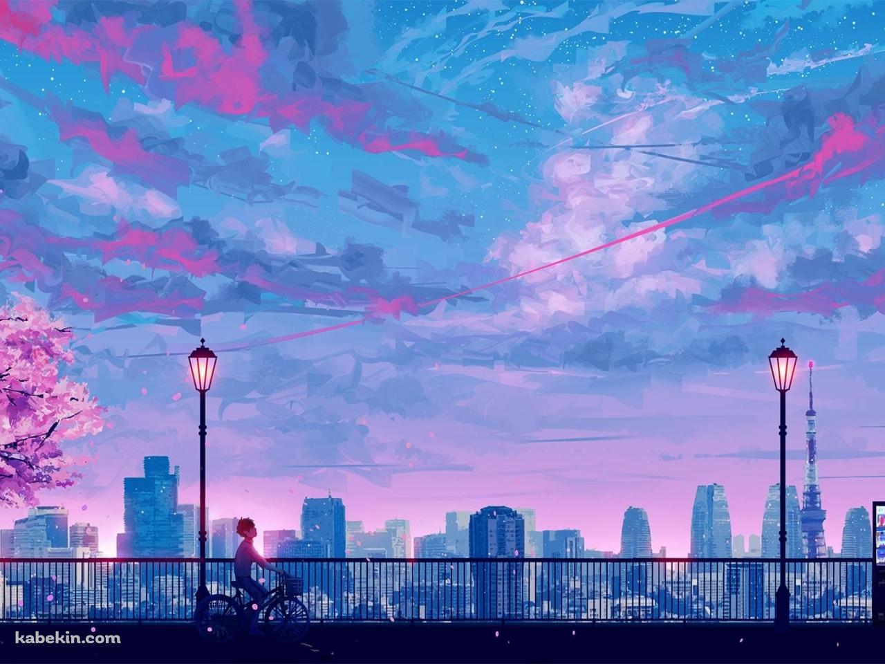 桜 自転車を漕ぐ男性 自動販売機 街灯 東京タワーの壁紙(1280px x 960px) 高画質 PC・デスクトップ用