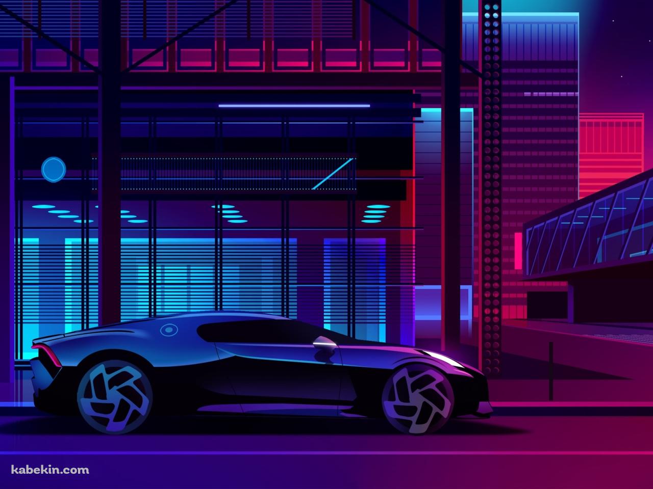 ネオン街とブガッティ ラ・ヴォアチュール・ノワールの壁紙(1280px x 960px) 高画質 PC・デスクトップ用