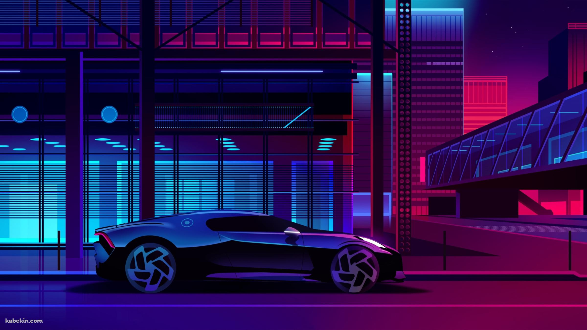 ネオン街とブガッティ ラ・ヴォアチュール・ノワールの壁紙(2400px x 1350px) 高画質 PC・デスクトップ用
