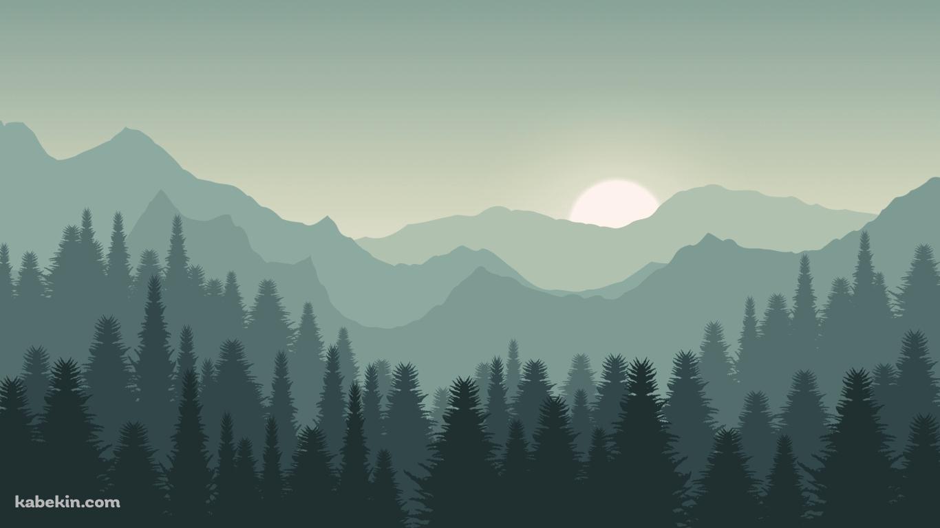 森のイラスト 淡い緑の壁紙(1366px x 768px) 高画質 PC・デスクトップ用