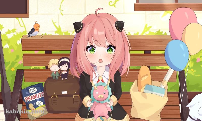 木のベンチに座るかわいいアーニャ ぬいぐるみ 風船の壁紙(800px x 480px) 高画質 PC・デスクトップ用