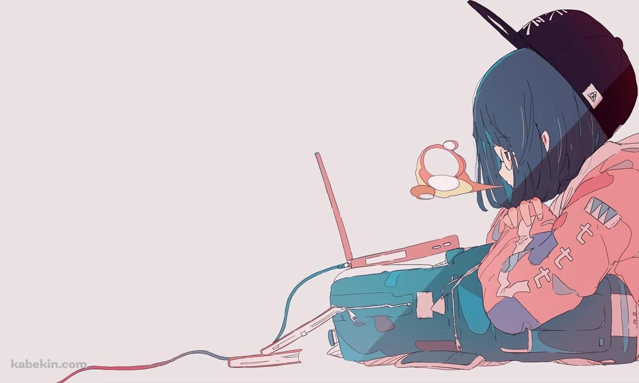 ノートパソコンを見る帽子を被った女の子 / LANケーブル / 溜息 / リュックの壁紙(1280px x 768px) 高画質 PC・デスクトップ用