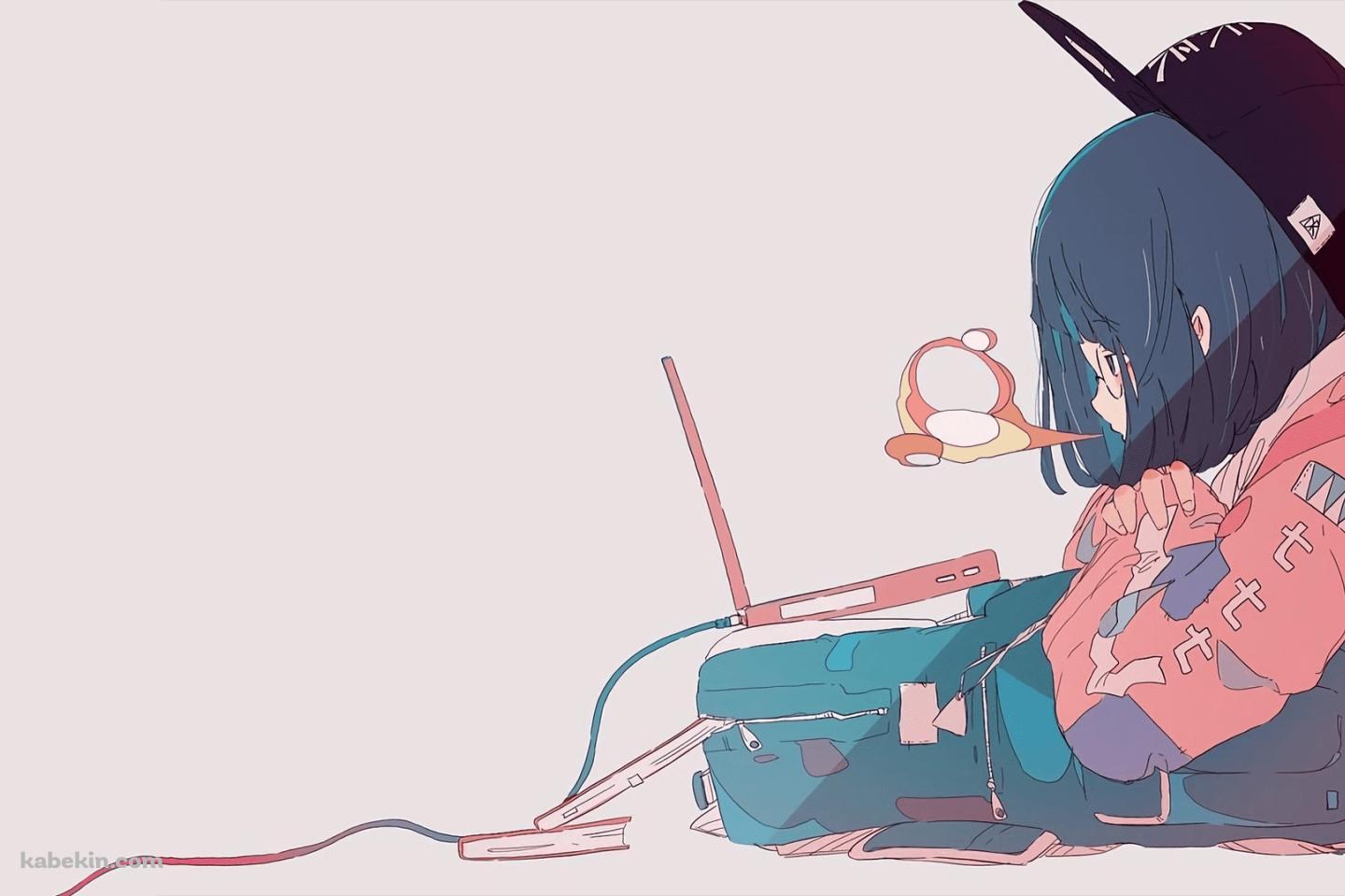 ノートパソコンを見る帽子を被った女の子 / LANケーブル / 溜息 / リュックの壁紙(1440px x 960px) 高画質 PC・デスクトップ用
