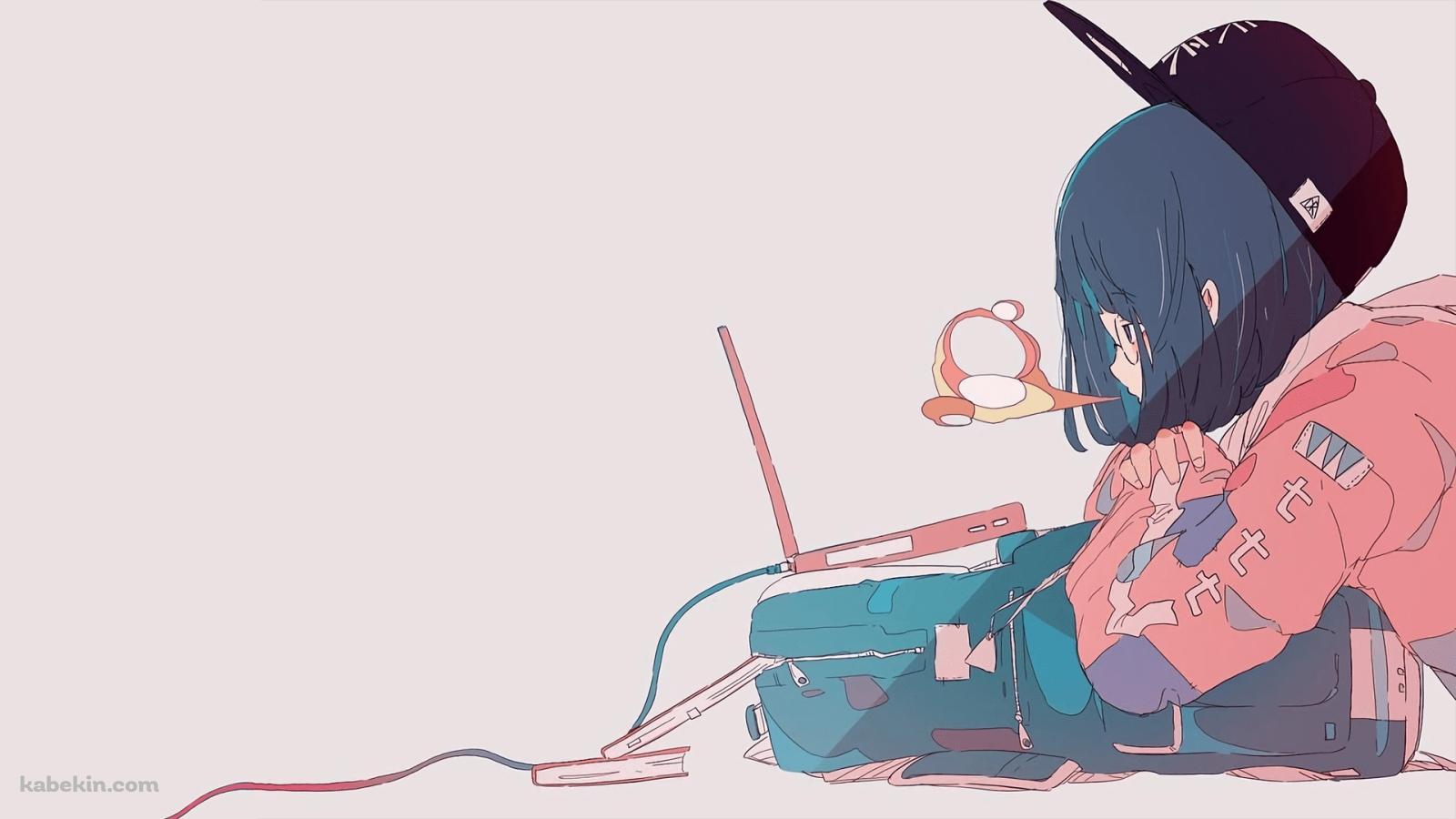 ノートパソコンを見る帽子を被った女の子 / LANケーブル / 溜息 / リュックの壁紙(1600px x 900px) 高画質 PC・デスクトップ用