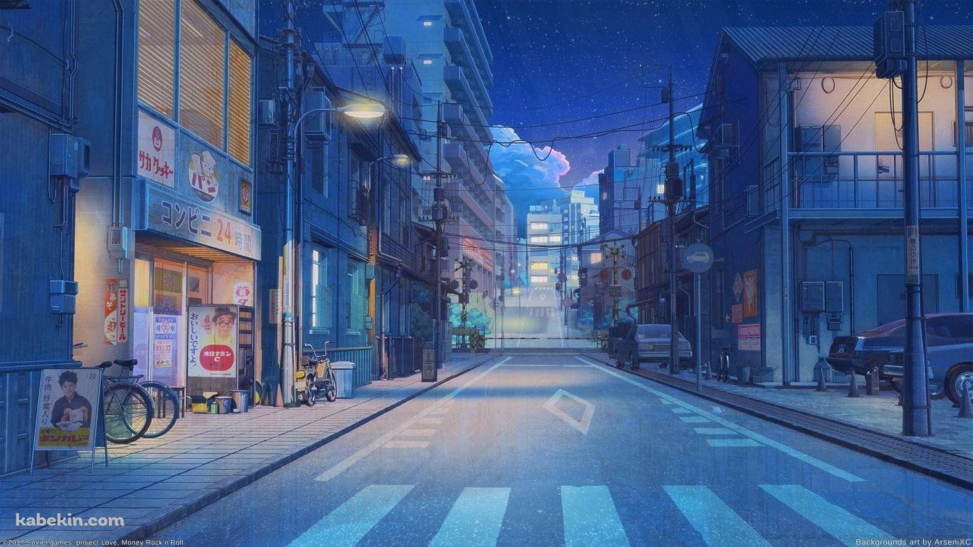 オロナミンCの看板 / ボンカレーの看板 / コンビニ 24時間営業 / 下町の夜の景色 / 日本の壁紙(1366px x 768px) 高画質 PC・デスクトップ用