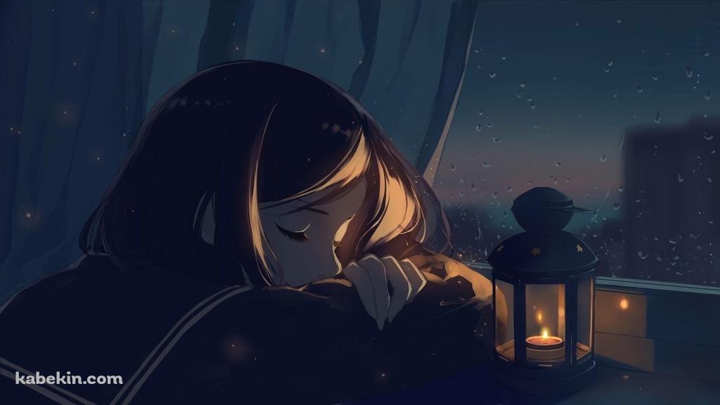 居眠りする女子高生 / セーラー服 / JK / 雨 / ランプの壁紙(1024px x 576px) 高画質 PC・デスクトップ用