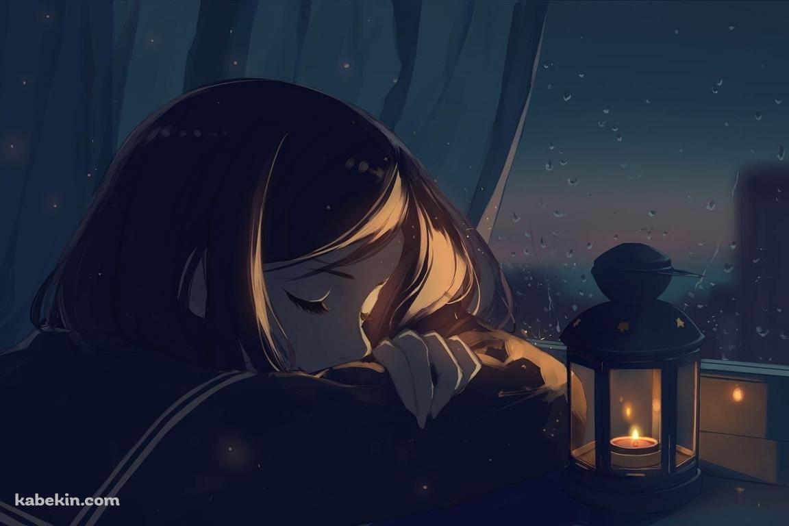 居眠りする女子高生 / セーラー服 / JK / 雨 / ランプの壁紙(1152px x 768px) 高画質 PC・デスクトップ用