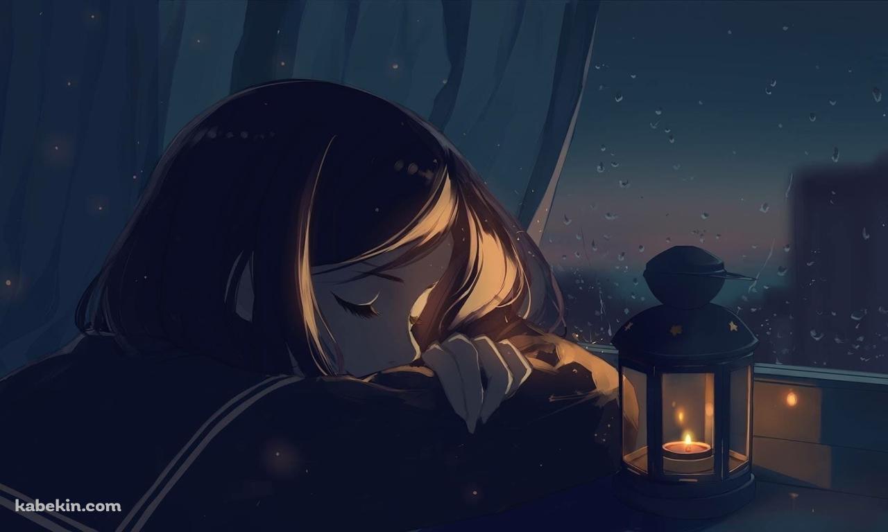 居眠りする女子高生 / セーラー服 / JK / 雨 / ランプの壁紙(1280px x 768px) 高画質 PC・デスクトップ用