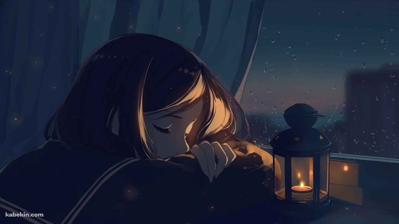 居眠りする女子高生 / セーラー服 / JK / 雨 / ランプの壁紙(1600px x 900px) 高画質 PC・デスクトップ用
