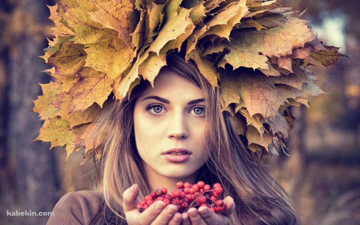 落ち葉の冠 / 赤い木の実 / 女性の壁紙(1152px x 720px) 高画質 PC・デスクトップ用