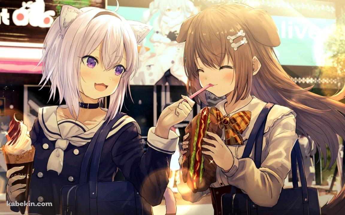 猫又おかゆ 戌神ころね 帰り道 買い食い アイスクリーム ホットドッグ / バーチャルYouTuber / ホロライブの壁紙(1152px x 720px) 高画質 PC・デスクトップ用