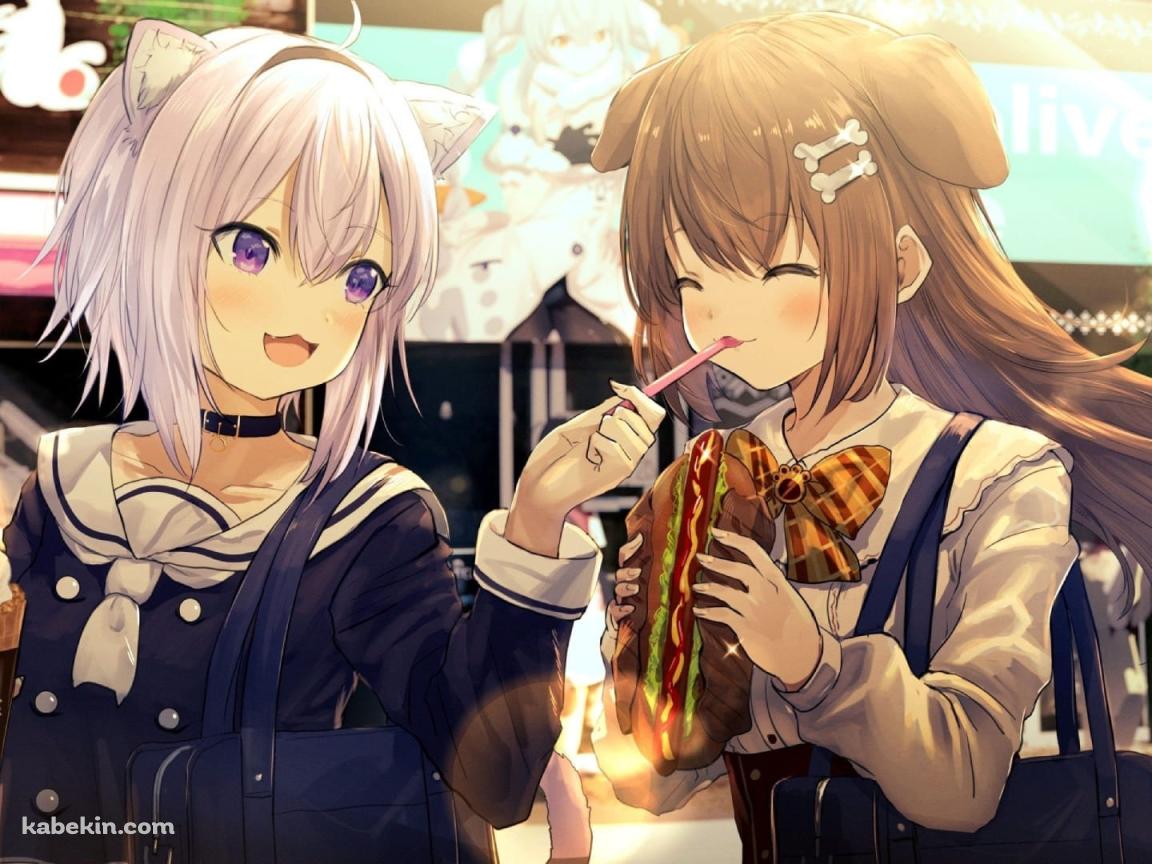 猫又おかゆ 戌神ころね 帰り道 買い食い アイスクリーム ホットドッグ / バーチャルYouTuber / ホロライブの壁紙(1152px x 864px) 高画質 PC・デスクトップ用