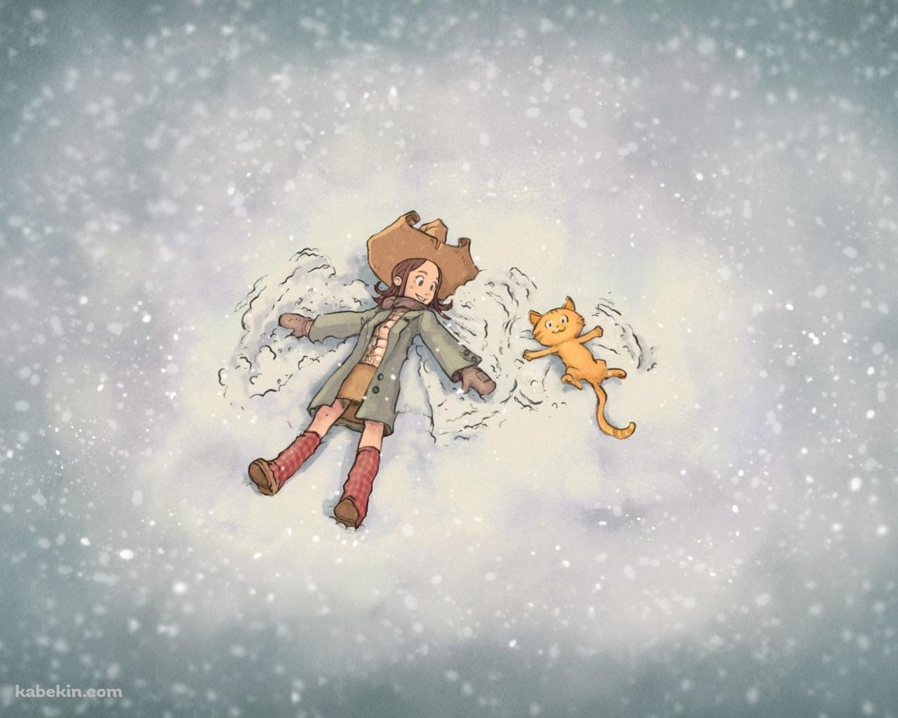 雪の中 / 女の子と猫 / 友達の壁紙(1280px x 1024px) 高画質 PC・デスクトップ用