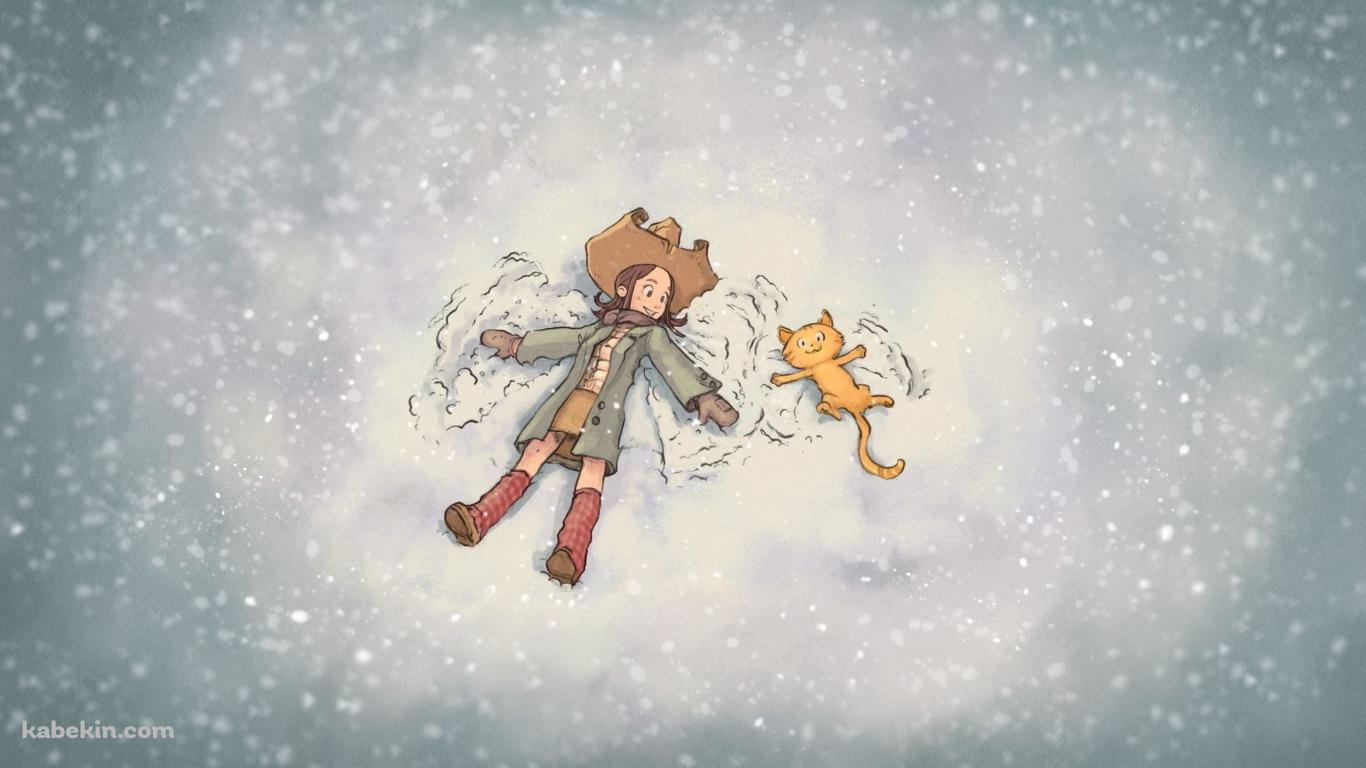 雪の中 / 女の子と猫 / 友達の壁紙(1366px x 768px) 高画質 PC・デスクトップ用