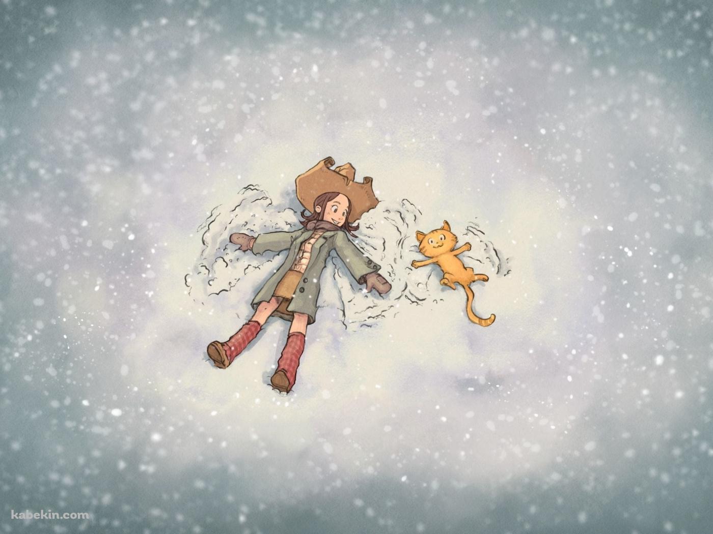 雪の中 / 女の子と猫 / 友達の壁紙(1400px x 1050px) 高画質 PC・デスクトップ用
